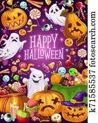 Halloween holiday, ghosts and Jack lanterns Halloween holiday, ghosts and Jack lanterns