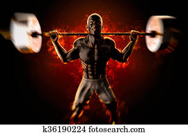 Bodybuilder with flaming barbell. 3d rendering