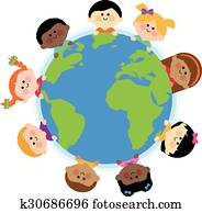 verschieden, kindern, ungefähr, erde, globe., vektor, abbildung