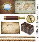 ימי, אוביקטים, קבע, isolated:, שלח, חלון, או, porthole,, ישן, הערך, map,, spyglass,, פליז, compass,, שודדי ים, חזה, ו, חבלים