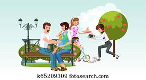 Cartoon picture consist of two happy families with kids Cartoon picture consist of two happy families with kids
