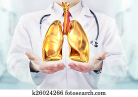 Doctor with stethoscope and golden lungs on the hands in a hospital Doctor with stethoscope and golden lungs on the hands in a hospital
