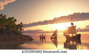 Santa Maria, Nina and Pinta of Christopher Columbus at sunset