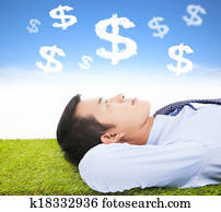 businessman  thinking money and goal on a meadow
