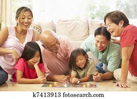 familia extendida, grupo, juego, juego de mesa, en casa