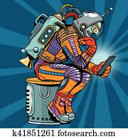 retro, robô, astronauta, em, pensador, pose, lê, smartphone
