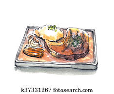 Steak sizzle in hot pan plate watercolor illustration Steak sizzle in hot pan plate watercolor illustration