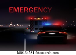 לילה, עיר, עם, משטרה, ו, אמבולנס, מכוניות, עם, סירנות, ב, ה, road., וקטור, מציאותי, דוגמה