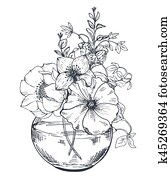 Bouquets with hand drawn flowers and plants in the jar. Bouquets with hand drawn flowers and plants in the jar.