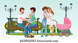 Cartoon happy homosexual couples together in park Cartoon happy homosexual couples together in park