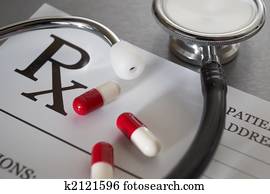 Close-up of RX prescription and stethoscope Close-up of RX prescription and stethoscope
