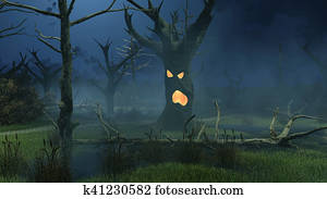 Fantastic spooky trees on night swamp Fantastic spooky trees on night swamp