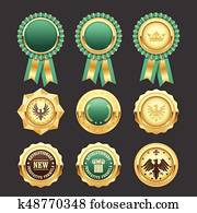 Green award rosettes and gold medals - prize insignia Green award rosettes and gold medals - prize insignia