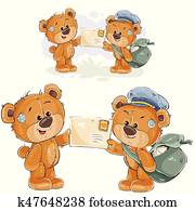 vector, illustratie, van, een, bruine, teddy beer, brievenbesteller, geven, een, brief, om te, een ander, teddy beer