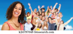 Young woman and group happy people.