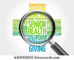 ältere gesundheit, wort, wolke, mit, vergrößerungsglas, kreuz, begriff, 3d, abbildung