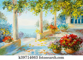 Oil painting landscape - terrace near the sea, flowers Oil painting landscape - terrace near the sea, flowers