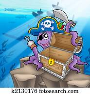 Pirate octopus with chest in sea Pirate octopus with chest in sea