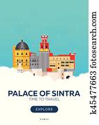 portugal., palácio, de, sintra., tempo, para, travel., viagem, poster., vetorial, apartamento, illustration. portugal., palácio, de, sintra., tempo, para, travel., viagem, poster., vetorial, apartamento, illustration.