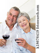 Senior couple sitting on couch having of red wine