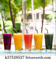 Assortment juices, smoothies, beverages, drinks