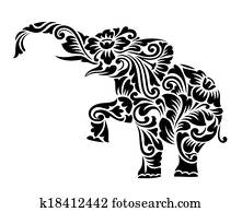 elefant, blommig, prydnad, dekoration