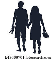 Lovers walking barefoots