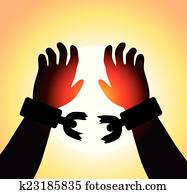 vector man's raised hands with broken chains 