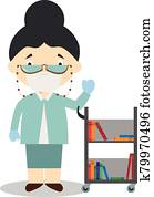 Cute cartoon vector illustration of a librarian with surgical mask and latex gloves as protection against a health emergency Cute cartoon vector illustration of a librarian with surgical mask and latex gloves as protection against a health emergency
