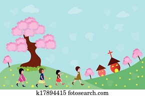 heureux, enfants, aller église