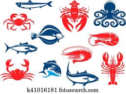 מאכלי ים, איקון, קבע, עם, fish, ו, סרטן