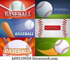 Baseball equipment banner set, cartoon style