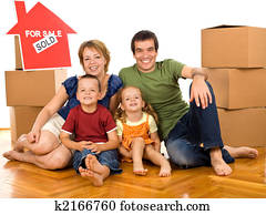 família feliz, com, caixas cartão, mover-se dentro, um, repouso novo