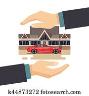 Insurance business vector concept. protect of property, house, car, money.