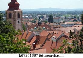 Roofs of old city center and Saint George church in Ptuj, town on the Drava River banks, Lower Styria Region, Slovenia