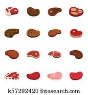 Steak dinner grilled beef icons set, flat style Steak dinner grilled beef icons set, flat style