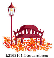 wood chair, street lights, maple leaves