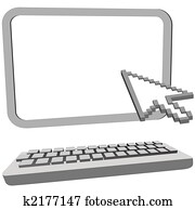 Arrow cursor click on 3D computer monitor keyboard