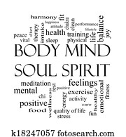 Body Mind Soul Spirit Word Cloud Concept in black and white