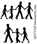 Casual family mom dad lead kids and dog on walk Casual family mom dad lead kids and dog on walk