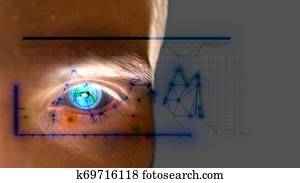 Close up of male eye with iris scan on a grey background. Future technology, identity recognition and vision concept.