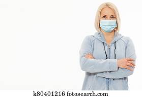 concepto, coronavirus, covid-19, respiratorio, virus., mujer, llevando, cara, mask.