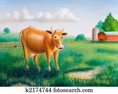 Cow and farm Cow and farm
