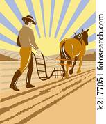 חקלאי, לחרוש, עם, ישן, סוס