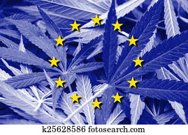 European Union Flag on cannabis background. Drug policy. Legalization of marijuana European Union Flag on cannabis background. Drug policy. Legalization of marijuana