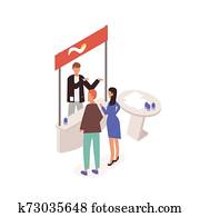 Man and woman standing in front of commercial promo stand and talking to promoter, seller or consultant. People at trade fair, festival or marketplace. Colorful isometric vector illustration. Man and woman standing in front of commercial promo stand and talking to promoter, seller or consultant. People at trade fair, festival or marketplace. Colorful isometric vector illustration.