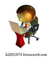 3d, kaufleuten zürich, zeichen, sitzen, mit, laptop, schreibtisch