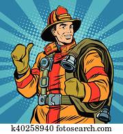 Rescue firefighter in safe helmet and uniform pop art Rescue firefighter in safe helmet and uniform pop art
