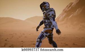 Astronaut walks on the surface of Mars through a dust storm. Panoramic landscape on the surface of Mars. 3D Rendering