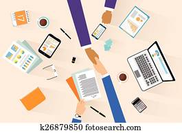 Business people handshake meeting signing agreement, businessmen hand shake sitting at desk top angle